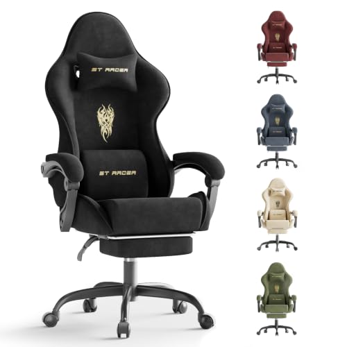 Image of Ferghana Ergonomic Velvet Fabric Gaming Chair with Embroidery Fire, Massage Lumbar Support & Retractable Footrest, Reclining Racing Computer Office Desk Chair for Adults, Black