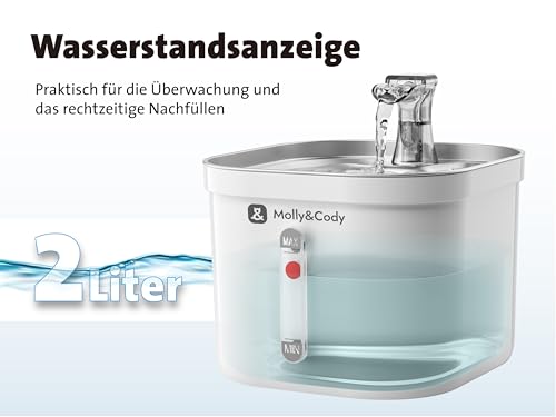 Molly&Cody Spring Trinkbrunnen für Katzen & Hunde (2L Wasserkapazität, automatischer Wasserspender, Ultra leise Wasserpumpe, sichtbare Wasserstandanzeige, 3-faches Filtersystem, kompakt, Edelstahl)