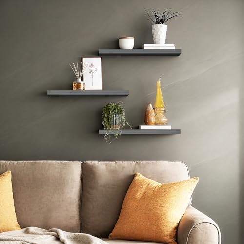 Image of BAYKA Grey Floating Shelves for Wall, Wall Mounted Rustic Wood Shelves for Bathroom, Bedroom, Living Room, Kitchen,Small Hanging Shelf for Books /Storage /Room Decor (Set of 3, 15.7in)