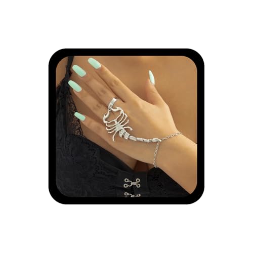 Wendalern Punk Anillo Pulsera Mano Cadena Plata Rhinestone Escorpión Dedo Anillo Cadena Pulsera Borla Cadena Cz Escorpión Anillo Pulsera Vintage Esclavo Mano Cadena Pulsera Joyería Para Mujeres Niñas