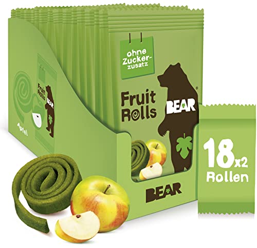 BEAR Fruchtrollen Apfel | 100% Natürliche Inhaltsstoffe | Ohne Zusatz von Zucker | Gesunder Snack für Kinder & Erwachsene | 18 Beutel x 20g | 360g