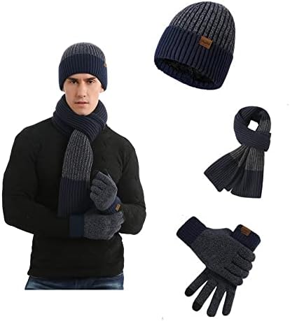 3 Piece Men's Beanie Hat Scarf and Touch Screen Gloves Set Winter Thermal Elastic Thicken Warm Fleece Inner Lining Knit Beanie Cap Winter men's Accessories