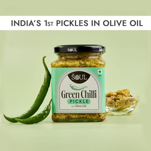 Image of ADF Soul's Spicy green chillies pickled in 100% Olive Oil with bold, tangy and traditional Indian spices | 265g