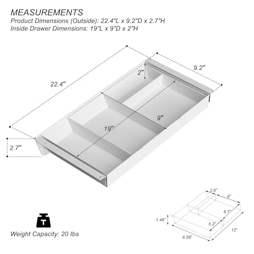 Image of White Under Desk Drawer with Removable Tray, 22.4 inch Wide 2-in-1 Organizer - 60 Ergonomic Tilt, 4-Compartment Insert for Pens, Phones & Cables, Ball Bearing Slides, for Home Office & Student Desk