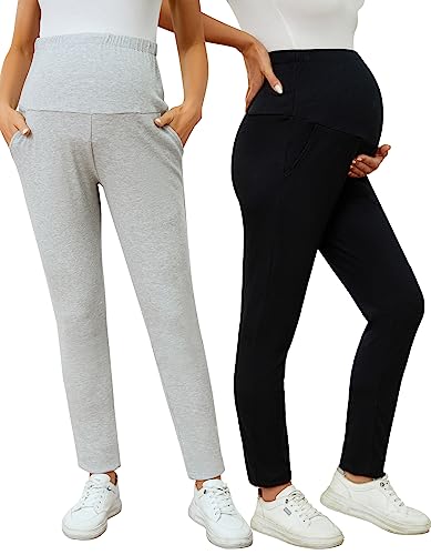 Brynmama Pack de 2 pantalones de maternidad con bolsillos, pantalones sólidos casuales, negro / gris, XL