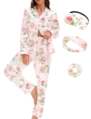 EPLAZA Silk Pajamas for Women Satin Pajamas Set 5 Pcs Long Sleeve Print Pattern Button Down Pjs Sleepwear Loungewear Set (Pink-rose print, M)