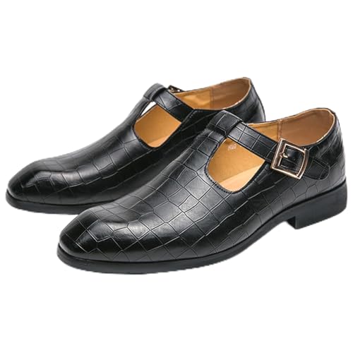 Men's Leather Loafers T-Strap Black Slip-on Loafers Crocodile Pattern Dress Shoes with Buckle Closure Formal Loafer for Men