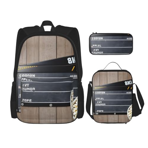 DRTGEDS Juego de 3 mochilas, tablillas de cine y palomitas de maíz impresas con bolsa de almuerzo y bolsa para lápices
