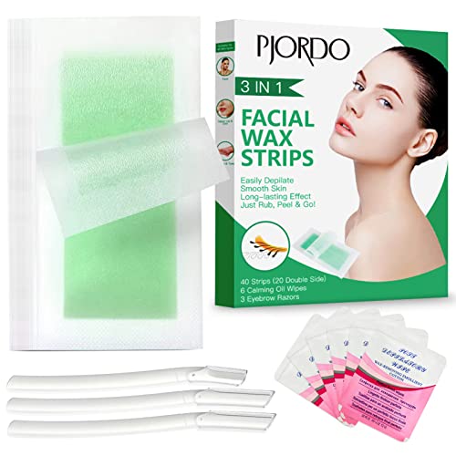 Pjordo Facial Wax Strips - 40 Pcs Face Wax Strips Facial Hair Removal for Women, Gentle Face Hair Remover for All Skin Types, At Home Waxing Kit with 6 Pcs Calming Oil Wipes & 3 Pcs Eyebrow Razors
