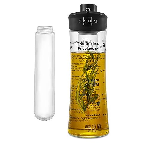 SILBERTHAL Infused Oil Glass Bottle - Pourer/Drizzler with Flavour Infuser - Make Your Own Flavoured Oil - Chili Oil Maker - Includes Recipes - Ideal for Olive, Rapeseed & Cooking Oils - 500ml Cover