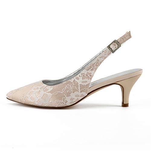 DXSYMJM Women's Slingback High Heels Pointed Toe Kitten Heel Ankle Strap Lace Satin Wedding Dress Shoes3