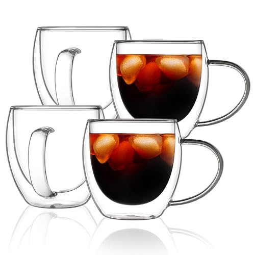 CNGLASS 12oz(4-pack) Double Walled Glass Coffee Mugs,Insulated Glass Mugs with Handle,Clear Espresso Cups for Latte,Cappuccino,Tea Bag - image 1