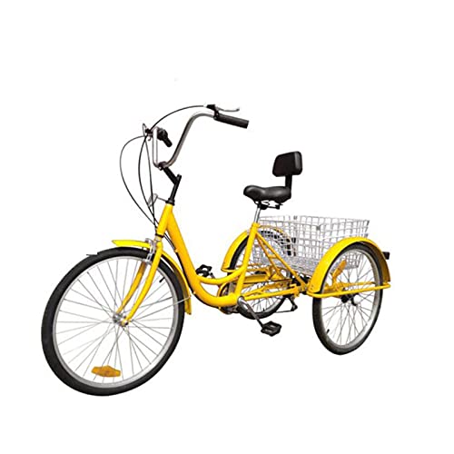 大人用三輪自転車 24インチ大人用三輪車(後部バスケット付き)高炭素鋼フレーム 150kg積載量 マルチカラー(Yellow)