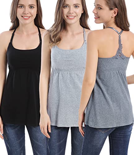 Suiek 3Pack Women's Nursing Tanks Maternity Tops Racerback Breastfeeding Cami Bra Shirt (Medium, Black + Charcoal + Grey (Second Style)) #TOP21