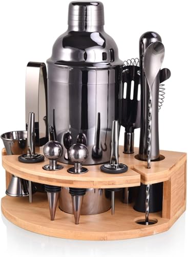 Bartender Kit with Stylish Bamboo Stand, 12 Piece 750ML Cocktail Shaker Set for Mixed Drink, Professional Stainless Steel Bar Tool Set, Gift for Man Dad- Cocktail Recipes Booklet (Gun-Metal)