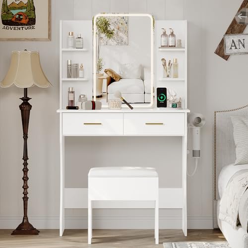 Image of Small Vanity Desk with Mirror and Lights, Makeup Vanity with LED Lights, White Vanity Mirror with Lighted Desk and Chair, 3 Lighting Adjustable Compact Dressing Table with Mirror for Women, Girls
