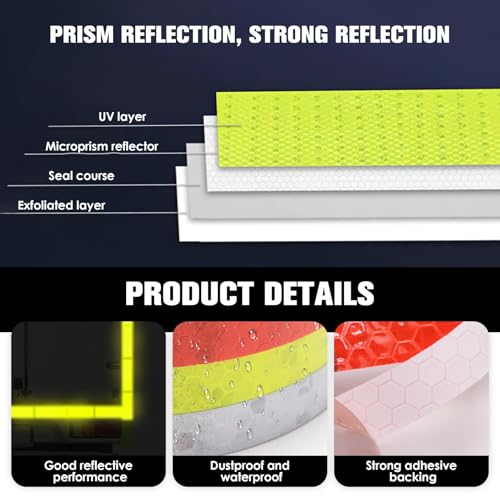 3 Rolls Reflective Tape, 2.5cm x 3m Waterproof Reflective Tape Adhesive Warning Night Reflector Strips High Visibility Stickers High Intensity for Outdoor Vehicles Safety Reminder Yellow White Red - Image 3