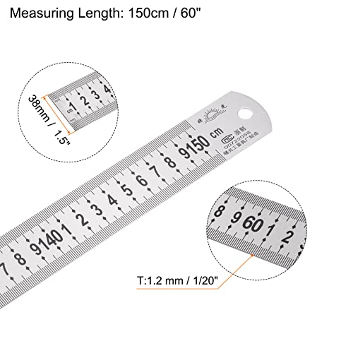 sourcing map Stainless Steel Ruler 150cm/60" Length x 1/20" Thick x 1-1/2" Wide Inch and Metric Straight Edge Measuring Tools for Woodworking Painting Craft, Silver Tone - Image 2