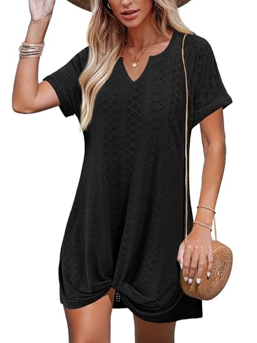 RUMIA Summer Dresses for Women Casual Short Sleeve Eyelet T Shirt Dress Twisted Front Swimsuit Cover Up Beach Vacation Outfits Black XL
