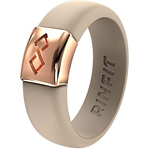 Rinfit Silicone Rings for Women 6mm Wide, 2mm Thick - Silicone Wedding Bands Women - Infinity Ring with Metal Plate - Rubber Rings - Nude/Rose Gold - Size 8 Cover