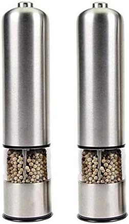 Electric Salt and Pepper Grinders Set of 2 - Battery Operated Stainless Steel Mills with Adjustable Coarseness, LED Light, Automatic Grinding Blade for Effortless Seasoning.