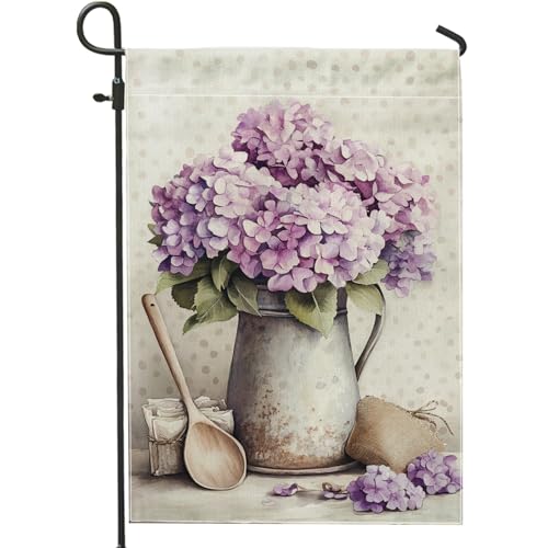 Bandera de jardín de hortensias violetas de primavera y verano, decoración floral para el hogar, banderas de jardín, bandera de arpillera de doble cara, decoración de césped al aire libre, 12 x 18