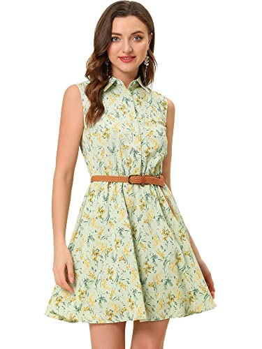 Image of Allegra K Women's Floral Printed Half Placket Above Knee Summer Sleeveless Belted Dress