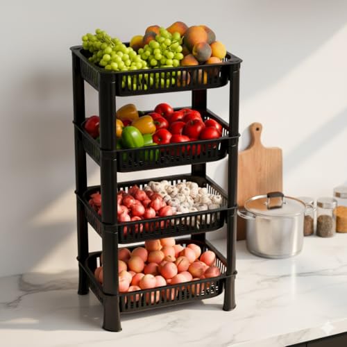 Image of Plastic Kitchen Rack, Multipurpose Vegetable & Fruit Storage Basket Organizer for Home, Pantry & Kitchen - Strong & Easy to Assemble (4 Layer, Black)