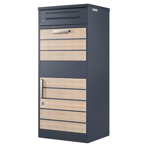 Zelsius Buzón para Paquetería en Acero con Recubrimiento de Polvo y Detalles Imitación Madera Terra | Color Gris Antracita | con Tope de Retorno Integrado | Buzón para Paquetes | Montaje al Suelo