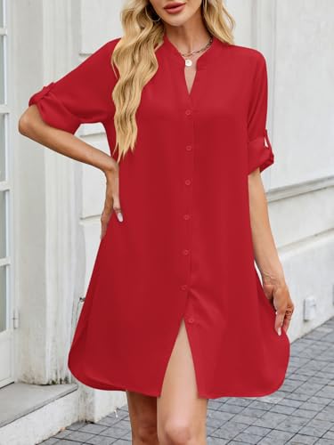 Image of PerZeal Womens Sexy V Neck Button Down Shirt Dresses Summer Short Sleeve Casual Loose Blouses & Button-Down Shifts Cover Ups