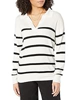 The Drop Women's Meena Loose Fit Open Collar Pullover Sweater, Ivory/Black, L