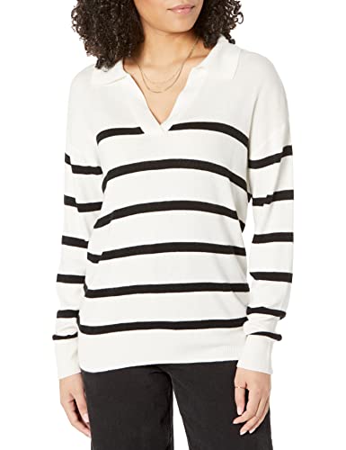 The Drop Women's Meena Loose Fit Open Collar Pullover Sweater, Ivory/Black, 2X, Plus Size #TOP22