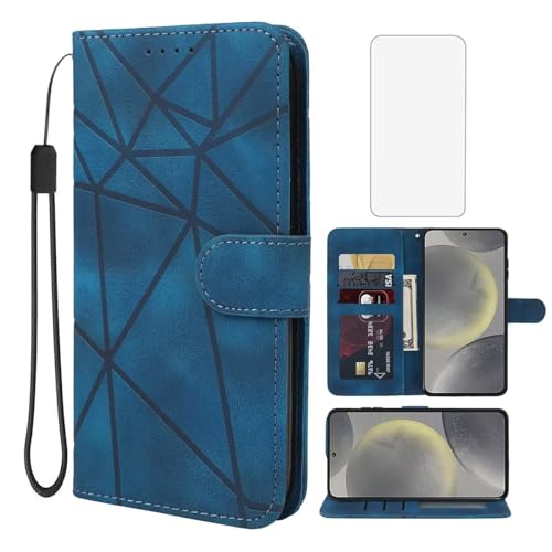 Wanyuexes Case for Galaxy S24 Case, Samsung S24 5G SM-S921U Wallet Case with Tempered Glass Screen Protector, Skin Feel PU Leather Flip Credit Card Holder Stand Phone Cover for Samsung Galaxy S24 Blue
