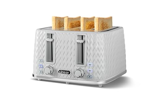 Linsar - 4 Slice Toaster - Unique Curved Texture - Defrost, Reheat, Cancel Functions - 7 Browning Levels, Wide Slots, Removable Crumb Tray - Automatic Switch Off - 1600 Watt (Grey)
