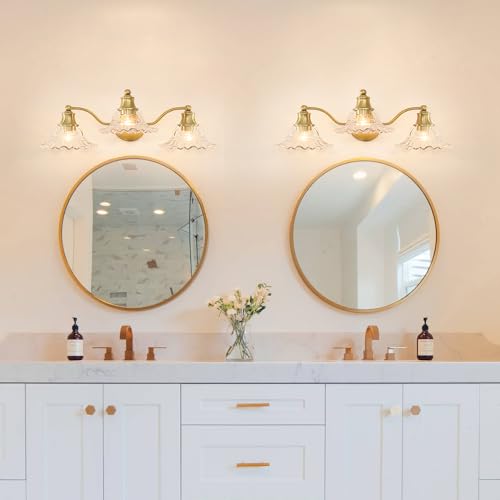 Vintage-Bathroom-Light-Fixtures-Gold-3-Light-Bathroom-Vanity-Light-Brass-Bathroom-Lighting-Fixtures-over-Mirror-Flower-Vanity-Light-with-Glass-Shade-Wall-Sconce-for-Bedroom-Doorway-Foyer-Hallway Vintage Bathroom Light Fixtures Gold 3 Light Bathroom Vanity Light Brass Bathroom Lighting Fixtures over Mirror Flower Vanity Light with Glass Shade Wall Sconce for Bedroom Doorway Foyer Hallway