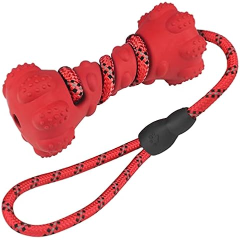Interactive Dog Toys for Boredom, Dog Chew Toys Rope for Tug of War 49cm for Small Large Dogs Indestructible Natural Rubber Training Pet Chew Toys Strong Tough Dog Toy Bone with Nylon Rope, Red Cover