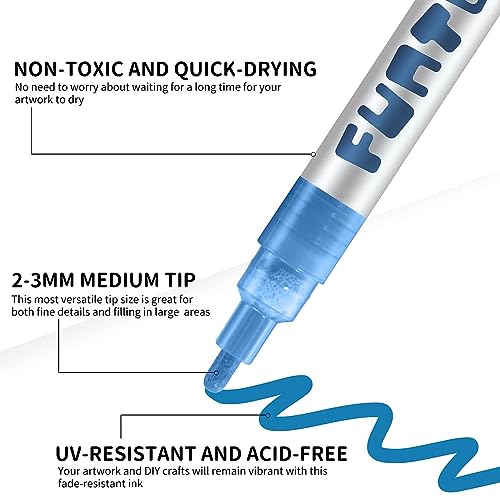Image of Funto Acrylic Paint Pens for Rock Painting, Fabric, Wood, Canvas, Metal, Ceramic, Glass, 12 Colors Paint Marker Set, Non-Toxic, Quick Drying