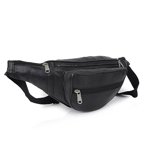 CIMONI® Premium Genuine Leather Waist Bag Classy Design Hiking Zip Pouch with Adjustable Straps Fanny Bag (Color - Black)
