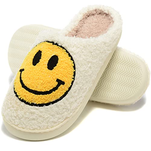 Image of Retro Fuzzy Face Slippers for Women Men, Retro Soft Fluffy Warm Home Non-Slip Couple Style Casual Smile Face Slippers Indoor Outdoor Anti-Skid Warm Cozy Foam Slide Fuzzy Slides with Soft Memory Foam Shoes