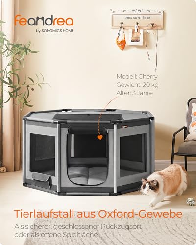 Feandrea Tierauslauf Oxford-Gewebe, Freilaufgehege achteckig, Tierkäfig L, 112 x 112 x 62 cm, Rahmen aus PVC-Rohren, atmungsaktives Netz, mit Seitentasche, Taubengrau-schiefergrau PDC003G01