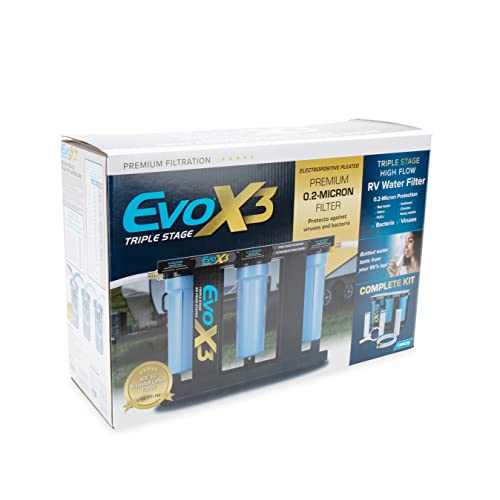 Camco Evo X3 Triple Stage Premium Rv Water Filter Kit | Features 3 Replaceable Cartridges To Remove Heavy Sediments, Chlorine, Bad Tastes, Odors, Viruses, Bacteria, Contaminates, And More (40649) #TOP4
