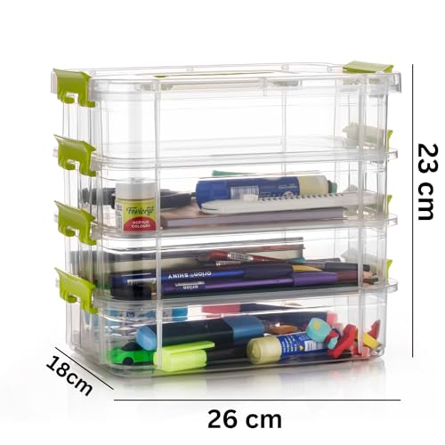Image of plastic boxes for Storage transparent boxes for storage, Portable & Stackable Space Saving Organiser with Lid for Medicine, Jewelry, Arts & Crafts, Buttons, Beads (Green, 4 TIER)