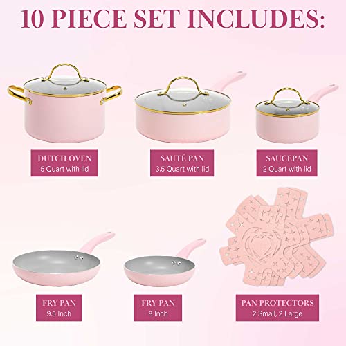Paris Hilton Epic Nonstick Pots And Pans Set, Multi-Layer Nonstick Coating, Tempered Glass Lids, Soft Touch, Stay Cool Handles, Made Without Pfoa, Dishwasher Safe Cookware Set, 12-Piece, Pink #TOP3