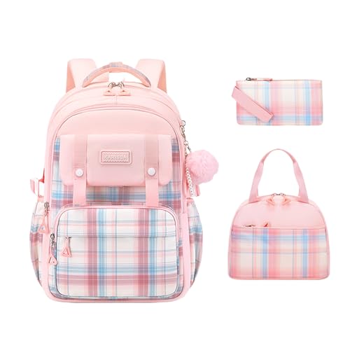 TYHOTULY 3Pcs Cute Backpack for Girls with Lunch Box & Pencil Case, Large Capacity Kids Bookbag for Elementary Middle School Students Waterproof Kawaii Preppy Aesthetic Plaid Backpack Age 4-16