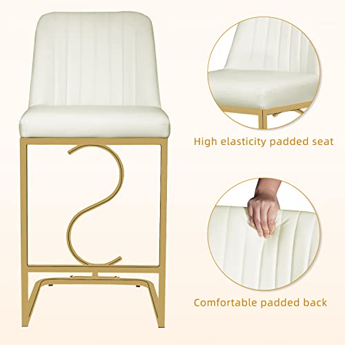 Ollega 24" Counter Height Bar Stools Set Of 2, Beige Bar Stools With Back And Gold Metal Frame, Modern Luxury Barstools With Footrest, Upholstered Pu Leather Counter Stool Chairs For Kitchen Island #TOP6