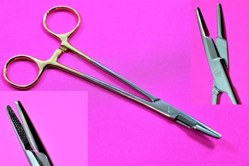 HEMOSTAT Needle Holder 5.5 Inch with Gold Handle Rings Serrated Olsen Needle Holder German Grade Premium Stainless CYNAMED