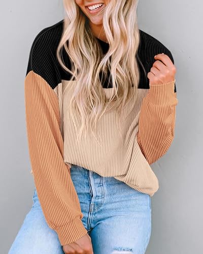 KIRUNDO Womens Spring Fashion 2025 Ribbed Long Sleeve Knit Tops Color Block Casual Loose Crewneck Pullover Shirts Clothing4