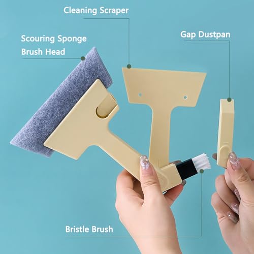 Image of Window Track Cleaner Tool, 3Pcs 4-in-1 Groove Cleaning Brush (with Bristle Brush, Gap Dustpan, Scraper) + 4pcs Replacement Cloth, Washable Cleaning Gadgets for Sliding Door, Sill, Car Vents