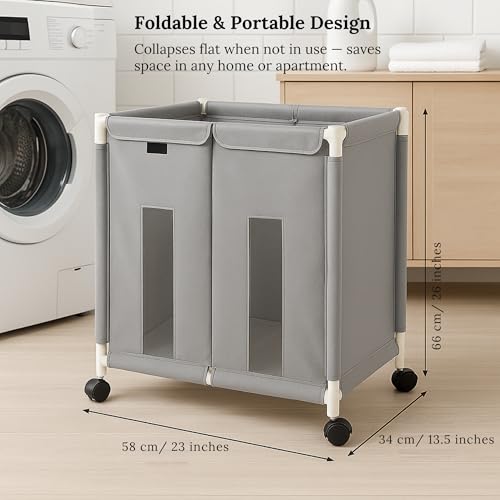 Image of 2-Section Laundry Basket with Wheels | 130L Rolling Laundry Hamper with Lid Cover | Foldable Oxford Fabric Laundry Bin for Clothes Sorting | Durable, Portable & Dustproof Organizer (Grey)