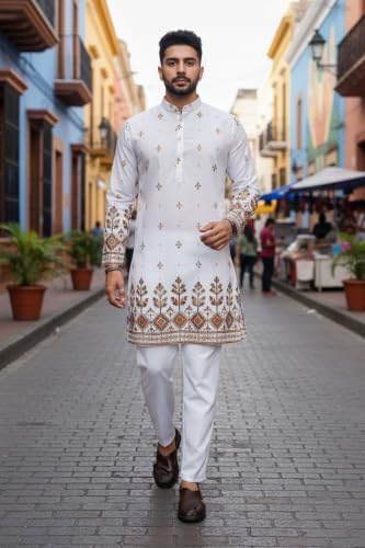 Image of Trustous Men's White Printed Kurta | Stylish Ethnic Wear Kurta for Men | Regular Fit Traditional Kurta | Festive, Wedding, Party & Casual Wear